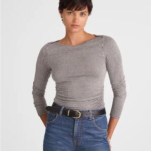 Ruched Crewneck Long-Sleeve Tee in Check Jacquard